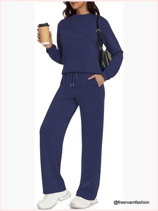 Pants - Boat Neck Sweatshirt Wide Leg Sweatpants Travel Loungeset